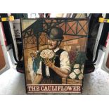 Large 20th century hand painted pub sign depicting a fruit and vegetable market- 'The Cauliflower'