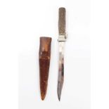 Unusual German hunting knife with extending 'gravity' drop polished steel blade and stag horn grips,