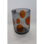 Whitefriars Tangerine on Pewter cylindrical vase, designed by Geoffrey Baxter, 15.5cm high