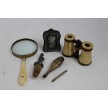 Group of sundries to include opera glasses, Japanese Shibyama magnifying glass and other items