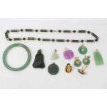 Group Chinese hard stone jewellery including jade, two Buddha pendants and 14ct gold mounted green h
