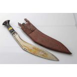 Gurkha Kukri with steel blade, makers mark indistinct, in brown leather covered sheath