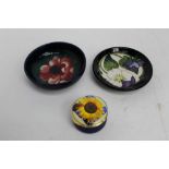 Moorcroft pottery bowl, 12cm diameter, similar pin dish and an Ashley Cooper enamel box