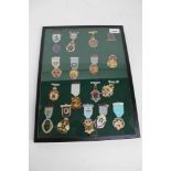 A glass case containing 17 assorted Masonic jewels