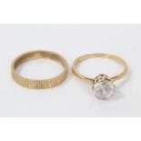 18ct gold white synthetic single stone ring and 18ct gold wedding ring