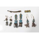 Chinese gilt metal and kingfisher feather jewellery and one other pair earrings