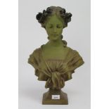 Large green painted plaster bust of a woman, signed indistinctly on the back, 48cm height