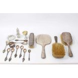 Group of silver and silver plated ware to include silver backed hand mirror, napkin rings and sundri