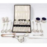 Cased set of six silver teaspoons, other silver teaspoons and a silver cruet set