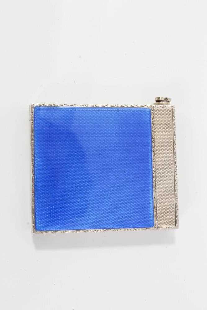 Fine quality silver and blue guilloche enamel powder compact