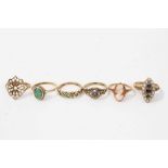 Six antique and later 9ct gold dress rings
