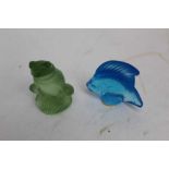 Lalique green glass frog and blue fish