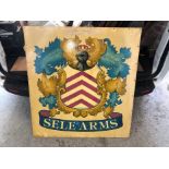 Large 20th century hand painted pub sign depicting a coat of arms 'The Sele Arms'