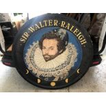 Large 20th century hand painted pub sign of circular form- 'Sir Walter Raleigh'