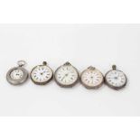 Group of five Swiss Ladies Silver cased fob watches with white enamel dials in engraved cases (5 wat