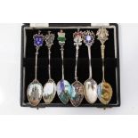 Group of six enamel souvenir teaspoons in case