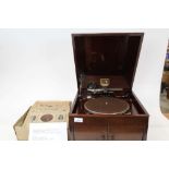 HMV 1920s 103 78rpm mahogany record player with needle tin and records, Glenn Miller ETC