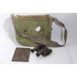 First World War printing plate together with a pair of field glasses and a webbing bag