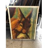 Large 20th century hand painted pub sign depicting a Red Squirrel feasting on a nut