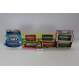 Diecast boxed selection of buses, various manufacturers including Matchbox Super Kings, Corgi, Dinky