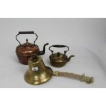 Brass ships bell and 2 copper kettles