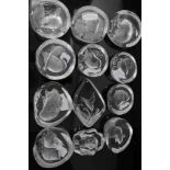 Collection of twelve Mats Jonasson Swedish glass intaglio sculptures