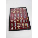 A glass case containing 23 assorted Masonic jewels and pins