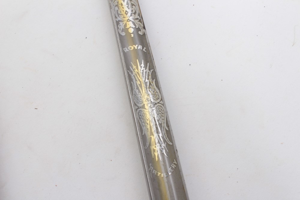 George VI Army Royal Artillery Officers Sword with three bar hilt, wire bound shagreen grip, etched - Image 2 of 9