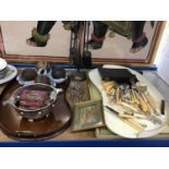 Edwardian inlaid mahogany kidney shaped tray, bowling woods, plated bowl and sundries