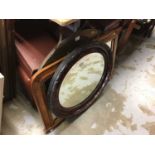 Edwardian inlaid walnut overmantel mirror, bevelled wall mirror in beaten brass frame and one other