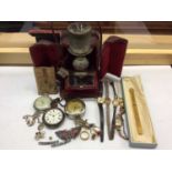 Unusual Victorian magnifying red leather watch case, pocket watches and costume jewellery