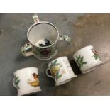 Three handled Victorian frog mug, together with three small mid 19th century porcelain cups decorate