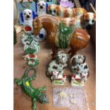 Three pairs Staffordshire Spaniels, pair St. Bernards and other ornaments