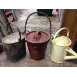 George VI Fire Sand red bucket and two vintage watering cans