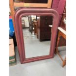 Antique French wall mirror in red painted frame, together with a 1920s walnut framed wall mirror