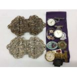 Two nurses belt buckles, nurses watches and enamelled badges