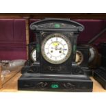 Victorian slate mantel clock with inlaid green stone decoration