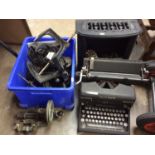 Black metal Belling heater, vintage typewriter, metal shoe trees and other metal items