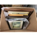 Assorted pictures and prints to include marine scenes and an etching of Herons signed A.C. Pilkinton
