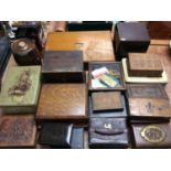 Collection wooden boxes, old leather jewellery boxes, vintage tins etc