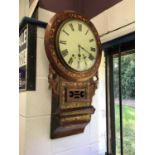 Victorian drop dial wall clock in marquetry inlaid case, inlaid decoration depicting two racing grey