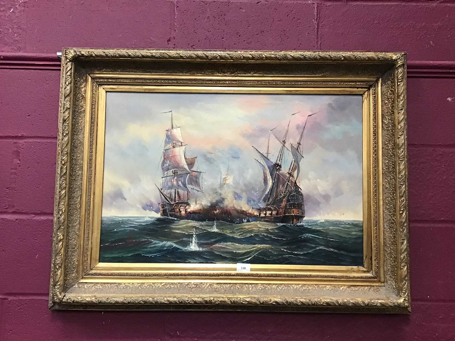 19th Century style oil on canvas depicting man-o-war in battle at sea in gilt frame. 50 cm x 75cm