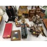 Miscellaneous group of items to include a 1920s spiral turned wooden candlestick, leather box in the