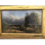 19th century English school oil on canvas- Shepherd hearding sheep in rural landscape with stormy sk