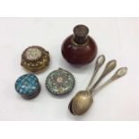 Three silver teaspoons, three trinket pots and a table lighter