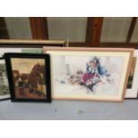 Mixed group of decorative pictures to include 20th century oils, still life prints, Gordon King prin