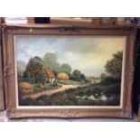 Oil on canvas study- Cottage on country lane, in gilt frame together with other pictures and prints