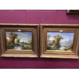 Pair of oils on panel depicting a Dutch Summer river scene with figures in gilt frames, signed Lee D