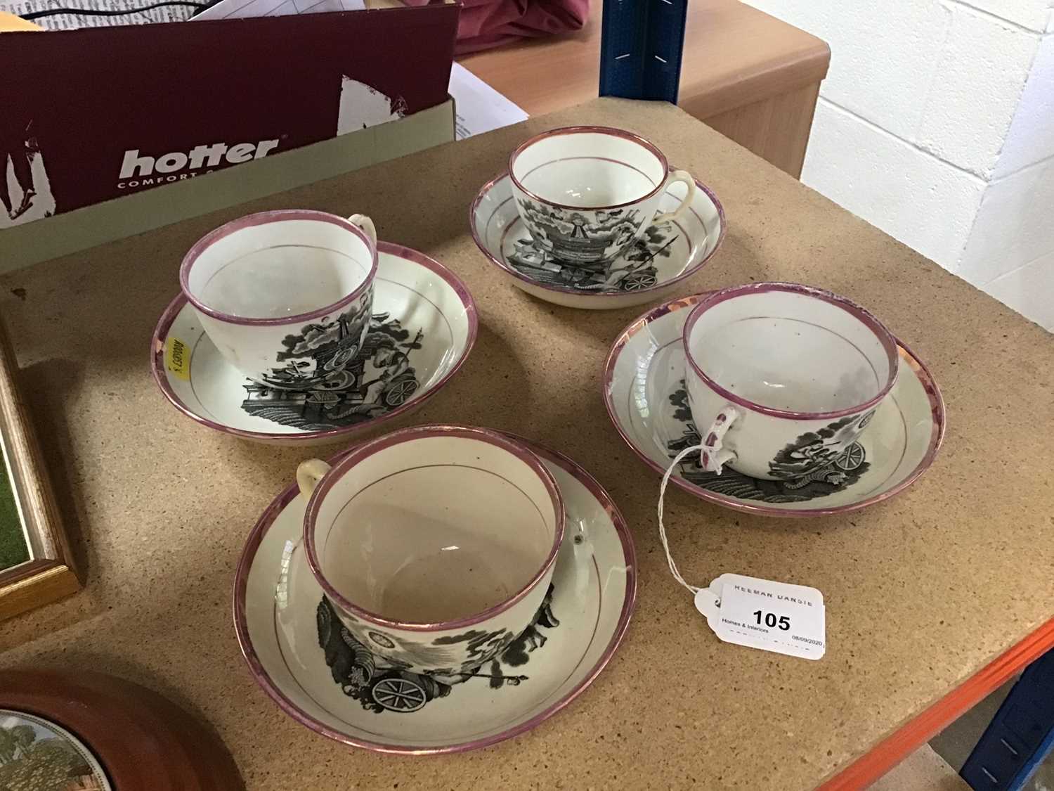 Early 19th century set of four Bat printed Princess Charlotte cups and saucers