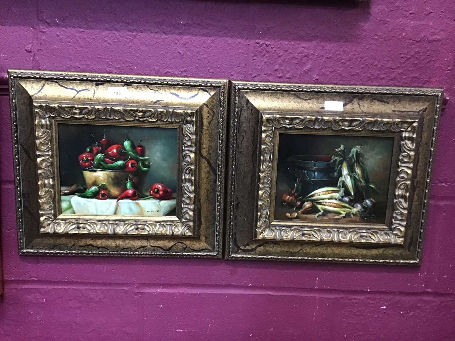 Pair of still life oils on panel depicting fruit and vase in gilt framed, signed I Bianci. 30cm x 40